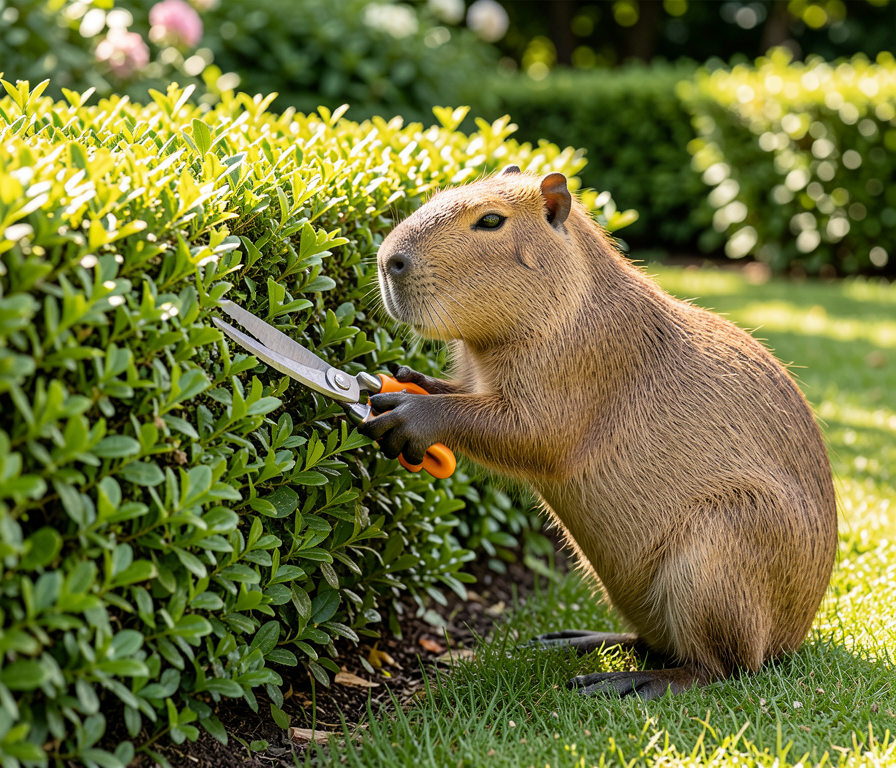 Capybara trimming a hedge