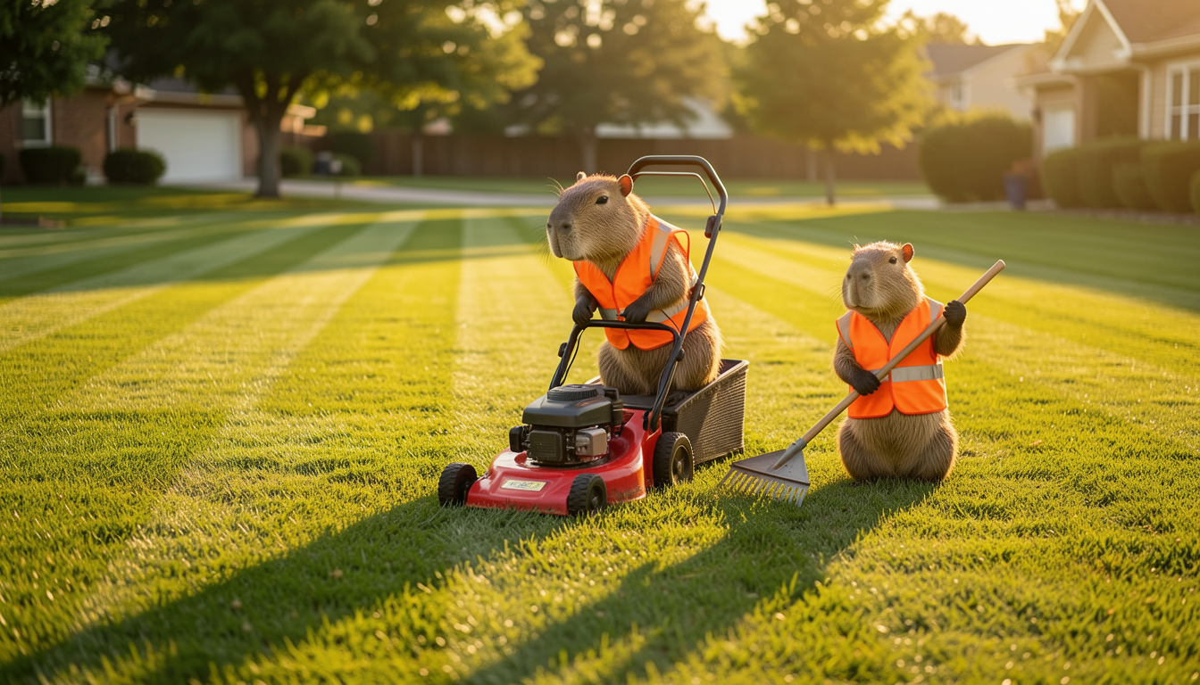 Capybara crew mowing a perfect lawn at golden hour