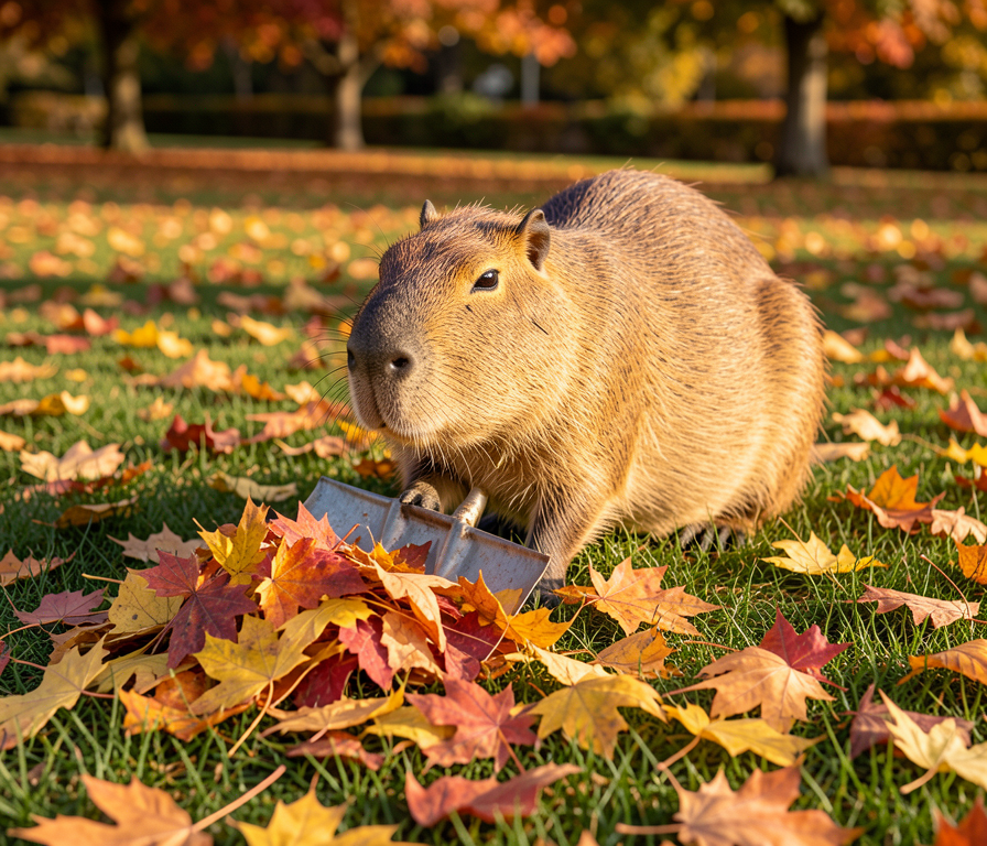 Capybara raking autumn leaves