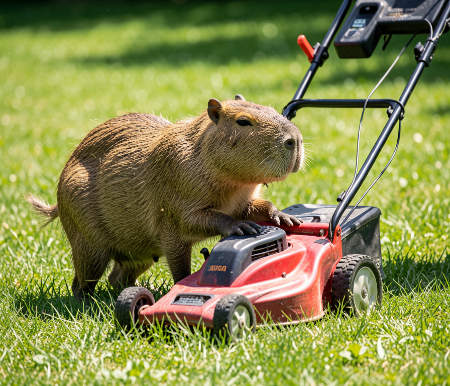 Capybara mowing a lawn