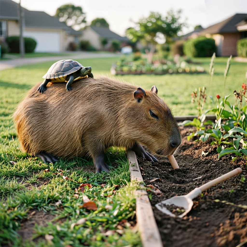 Capybara near a garden bed with a turtle on its back