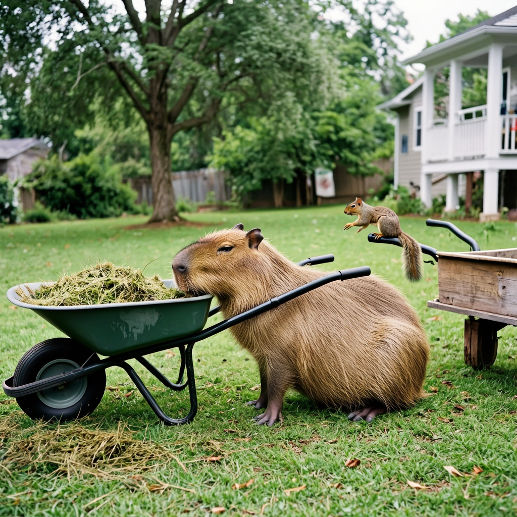 Capybara pushing a wheelbarrow with a squirrel aboard
