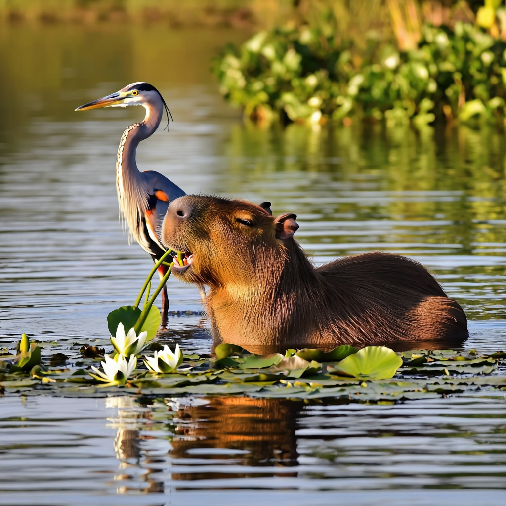 Capybara in a koi pond with a heron standing on it