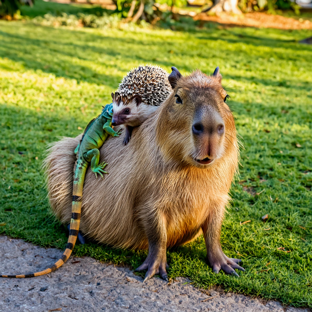 Smiling capybara with a hedgehog and iguana on its back